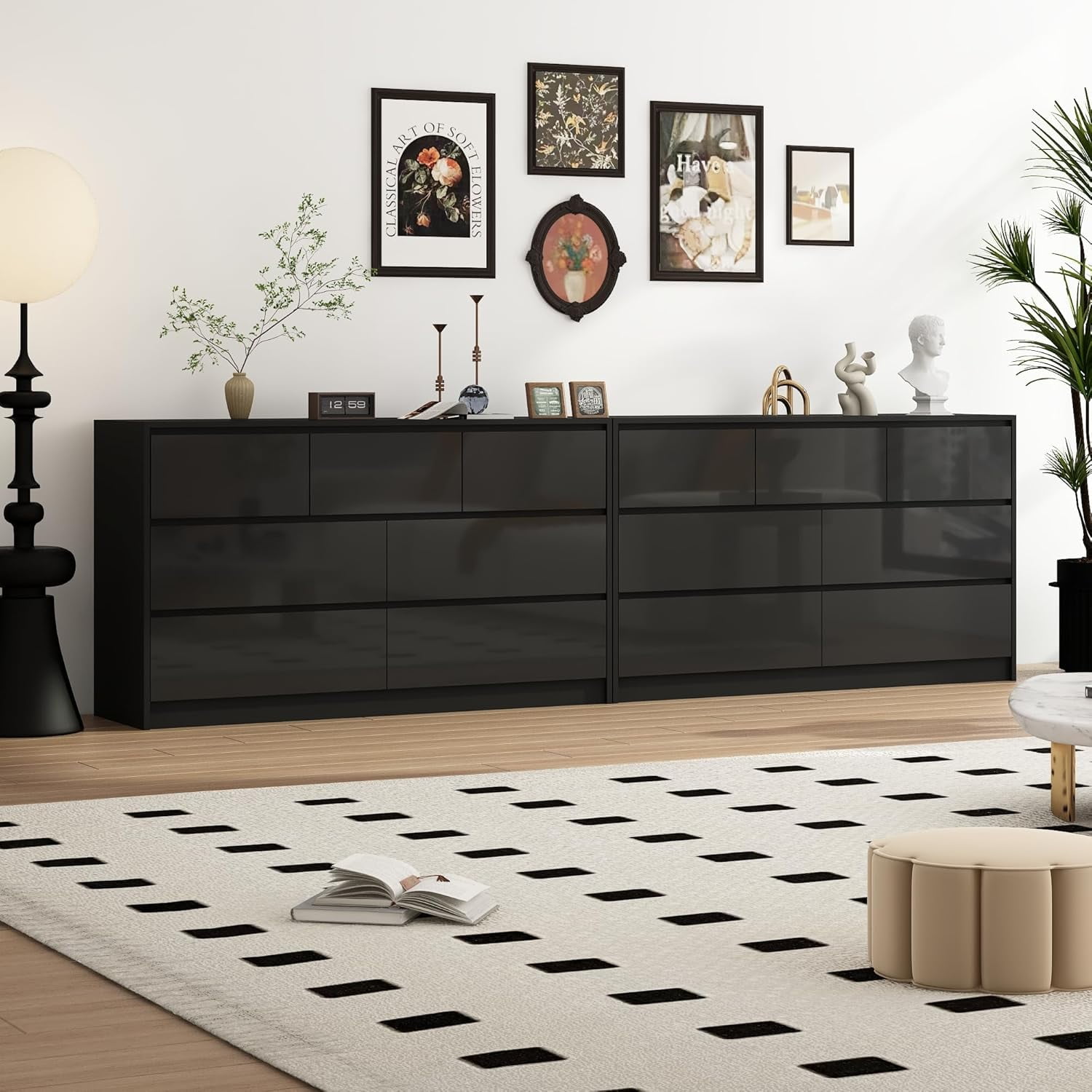 Blotout Black Malm Dresser for Bedroom, 55" Long Dresser High Gloss Dresser with 7 Drawers, Large Wood Chest of Drawer Handle Free, Dresser for Bedroom, Living Room, Entryway, Hallway
