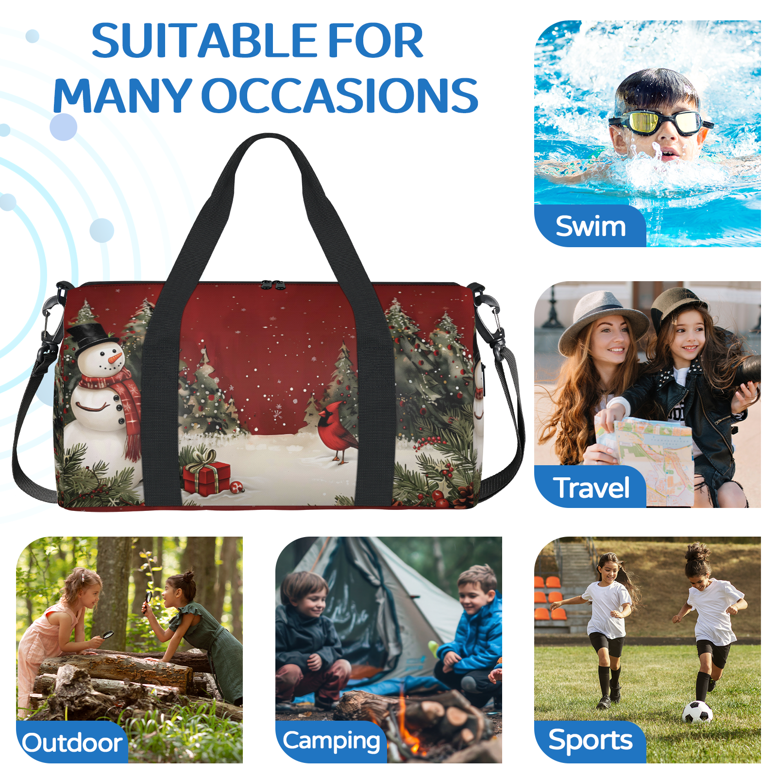 Herdesigns Christmas Travel Duffle Bag Sports Yoga Weekender Overnight Carry on Workout Bags Lightweight Waterproof Gym Tote Bag for Women