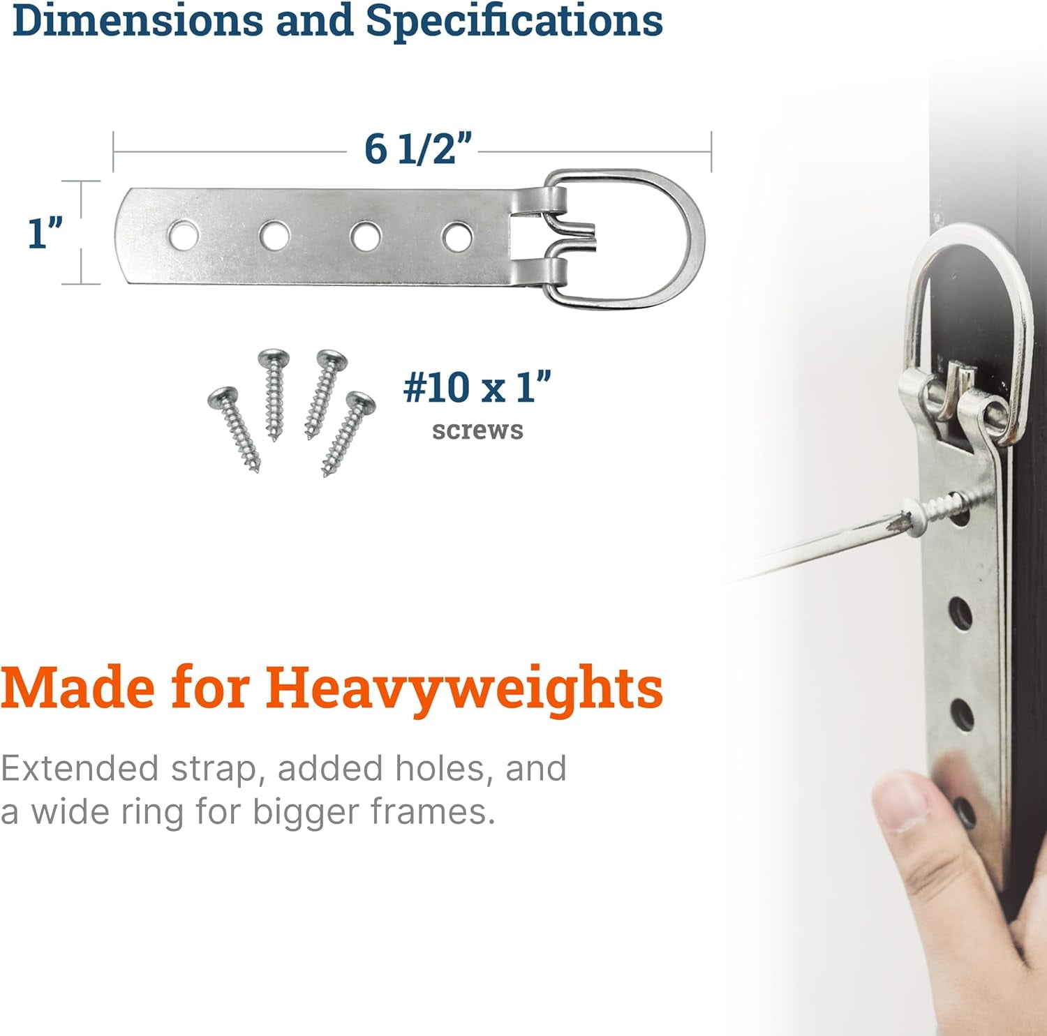 PHS Extra Large Heavy Duty D-Ring Picture Hangers - 2 Pack with Screws - D Hs for Picture Hanging - 200 lb Capacity - 6.5" Steel Strap Hangers for Frames & Mirrors