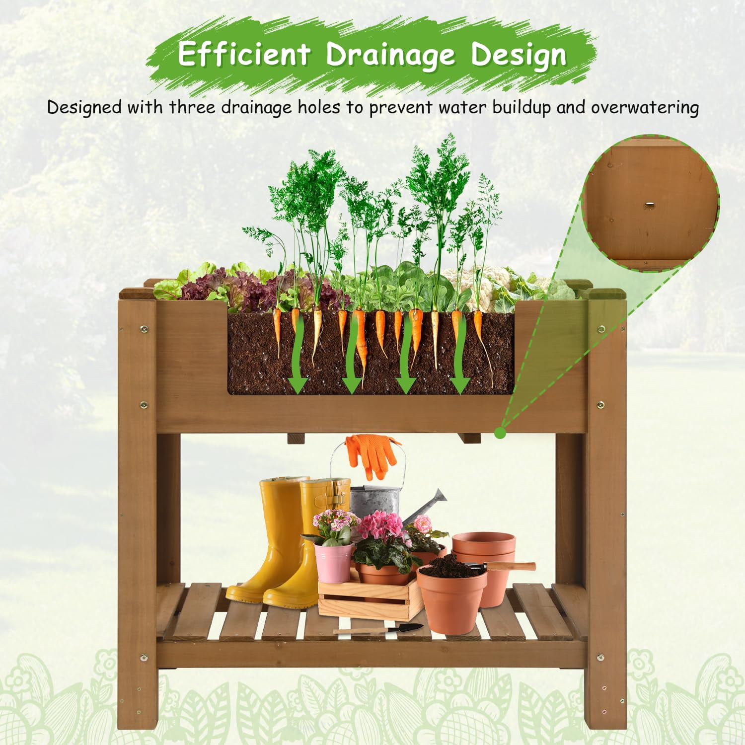 PETSCOSSET Elevated Planter Box with Storage Shelf, Solid Wood, Drainage Holes, 33 Inch
