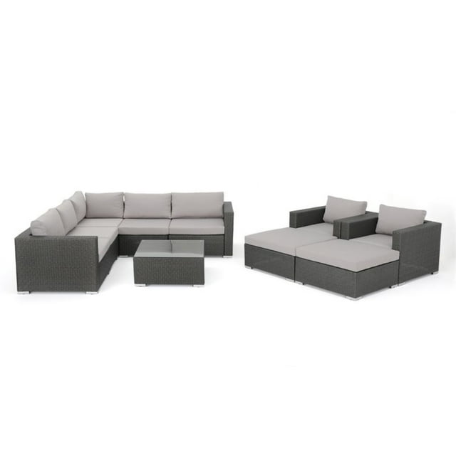 Noble House Santa Rosa 10 Piece Outdoor Wicker Sectional Sofa in Gray and Silver