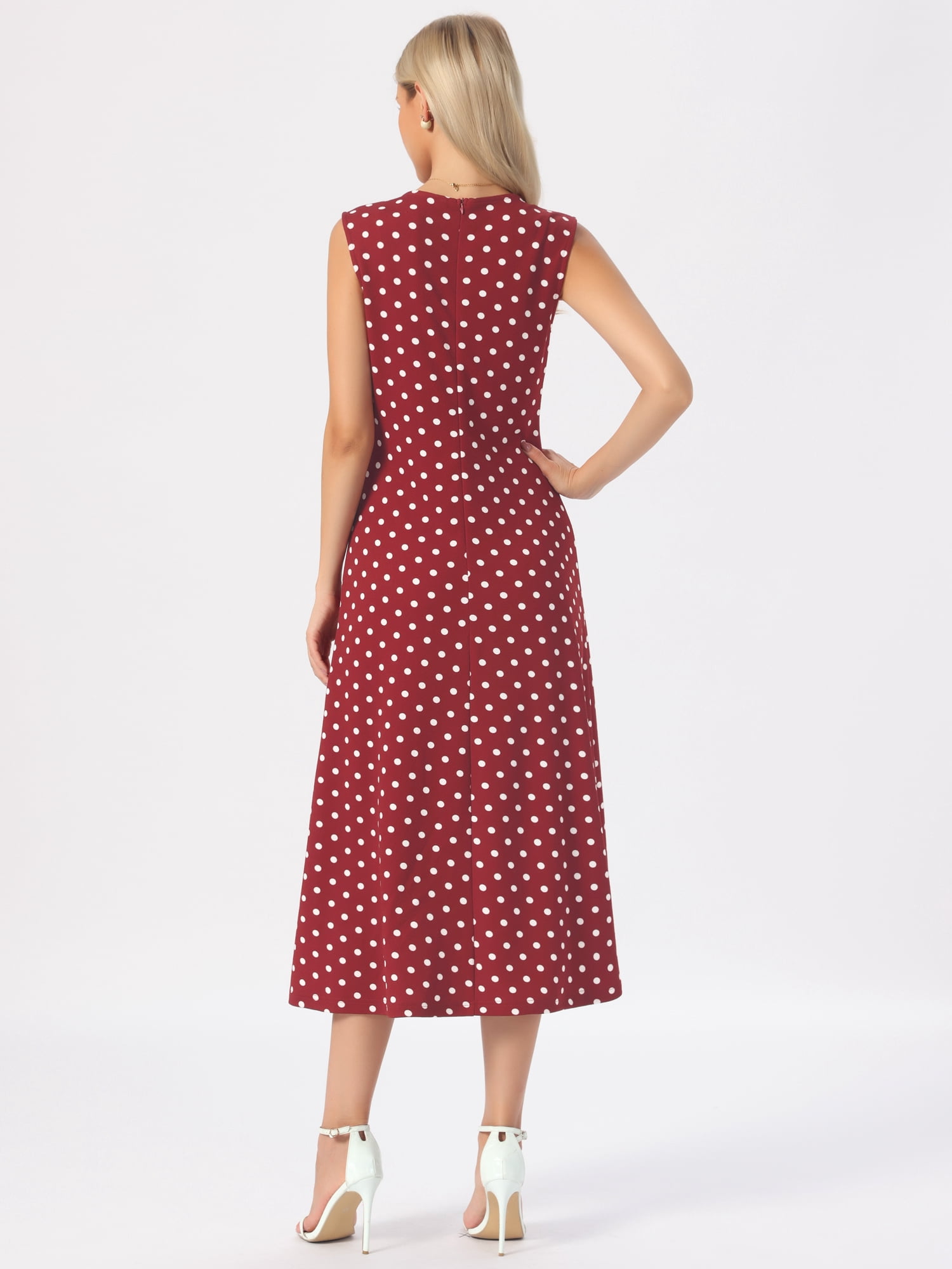 DARING DIVA Women's Polka Dots Sleeveless Sundress Vintage Crewneck Midi Dress S Dark Red