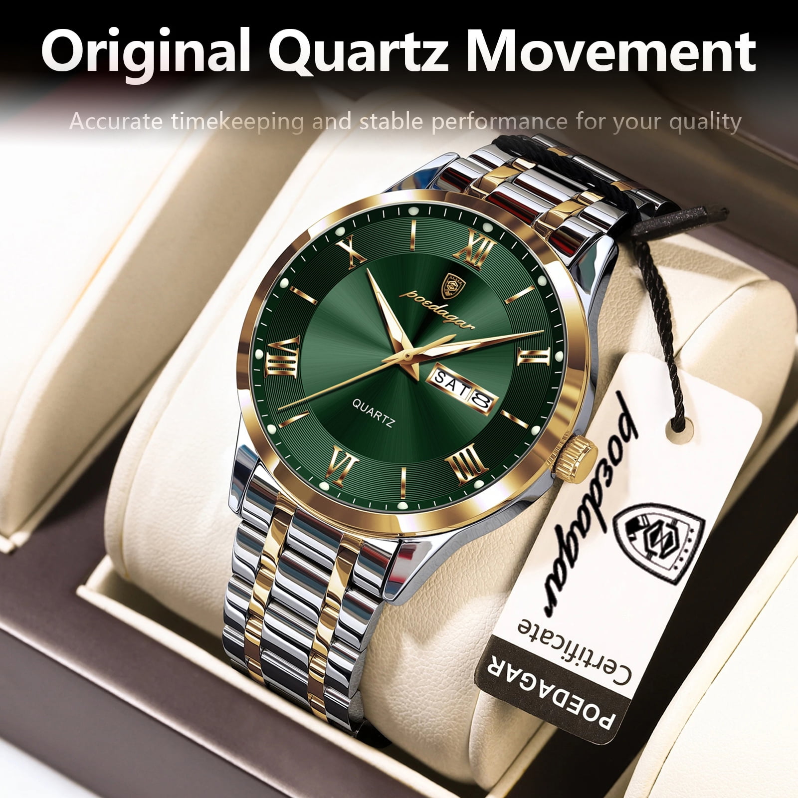 POEDAGAR Fashion Stainless Steel Men's Quartz Watches Waterproof Luminous Week Date Sports Man Wrist Watch