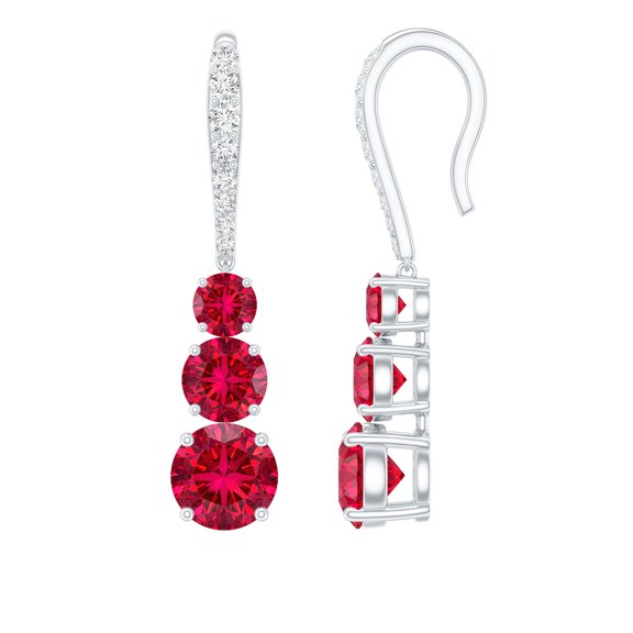 Rosec Jewels Lab Grown Ruby Drop Earrings for Women - AAAA Quality - 3 Stone Ruby Earrings with Moissanite - Ready to Gift, 925 Sterling Silver