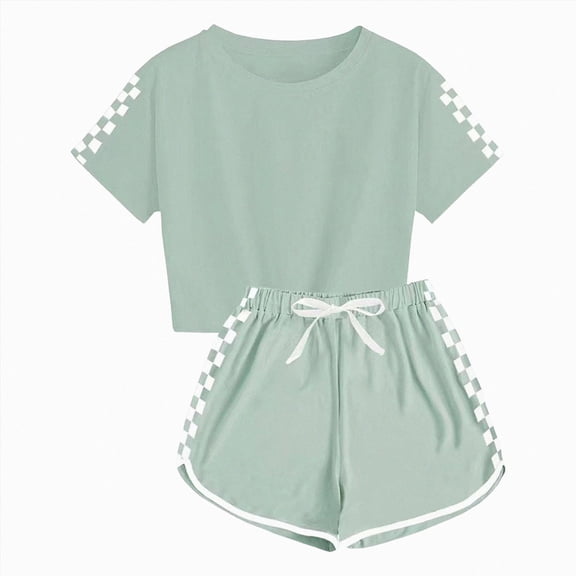 Duqingm Kids Summer Sport T Shirt and Shorts Set Plaid Print Clothing Sets Tracksuit Light Green,5-6 Years