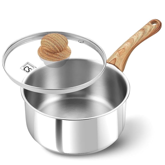 Koch Systeme CS 1QT Stainless Steel Saucepan with Wood Grain Handle & Lid – Premium Small Saucepan for Precise Cooking