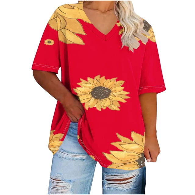 Camisetas Casuales de las Mujeres de Manga Corta de Cuello en V Oversized Camiseta Deportiva de Verano, Top Impreso Casual