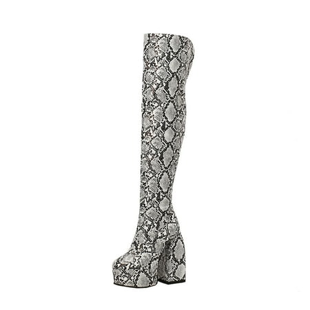 Lovskoo 2024 Women s Knee High Boots Thigh High Leather Round Toe Wedge Platform Shoes Serpentine Pattern Ultra High Heel Winter Ladies Over The Knee Western Boots White