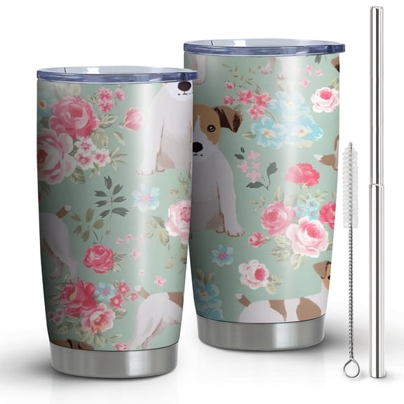 20oz Tumblers Jack Russell Terrier Dog and Flower Stainless Steel Vacuum Insulated Double Wall Travel Tumbler Cups Mug with Lid and Straw,Cleaning Brush for Cold & Hot Drinks