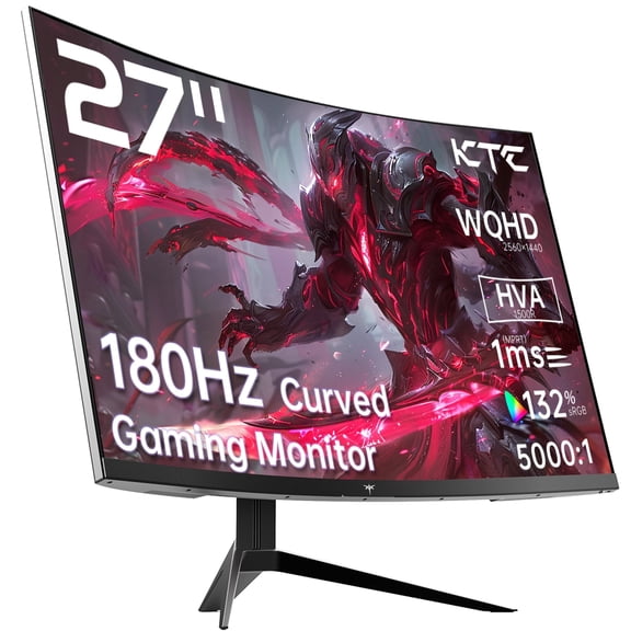 KTC 27 inch Gaming Monitor, 1440P Curved Monitor, 180Hz, 144Hz, 2K, 1500R, 1ms, FreeSync/G-Sync Compatible, DisplayPort/HDMI/USB, Ultrawide PC Vesa/Wall Mount Computer Monitor, H27S17