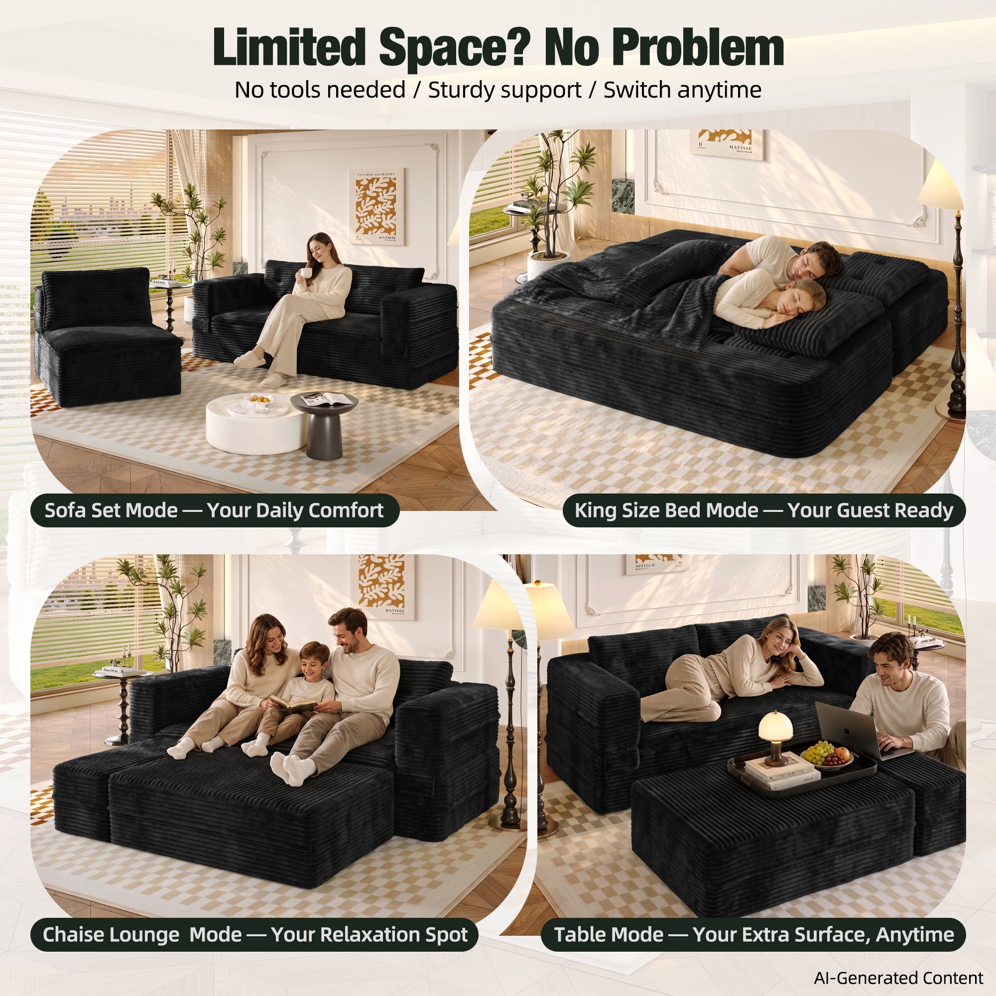 HOQBN 80" King Size Sleeper Sofa Bed, Plush Corduroy Deep Seat Sofa Couch with Independent Chaise and Functional Blanket for Living Room, Bedroom Black