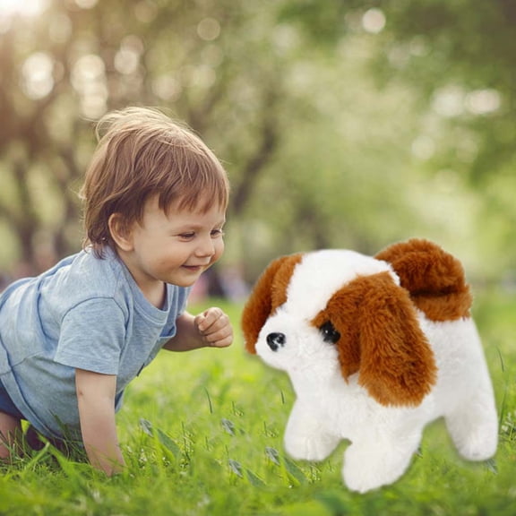 Dark Blue Electronic Plush Dog Toy For Kids Walking Barking And Tail Wagging Brown