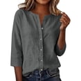 thumbnail image 2 of Duoif Women's V Neck Button 3/4 Sleeve Linen Blouse Loose Fit Solid Color Summer Top 2026, Dark Gray, XXL, 2 of 7