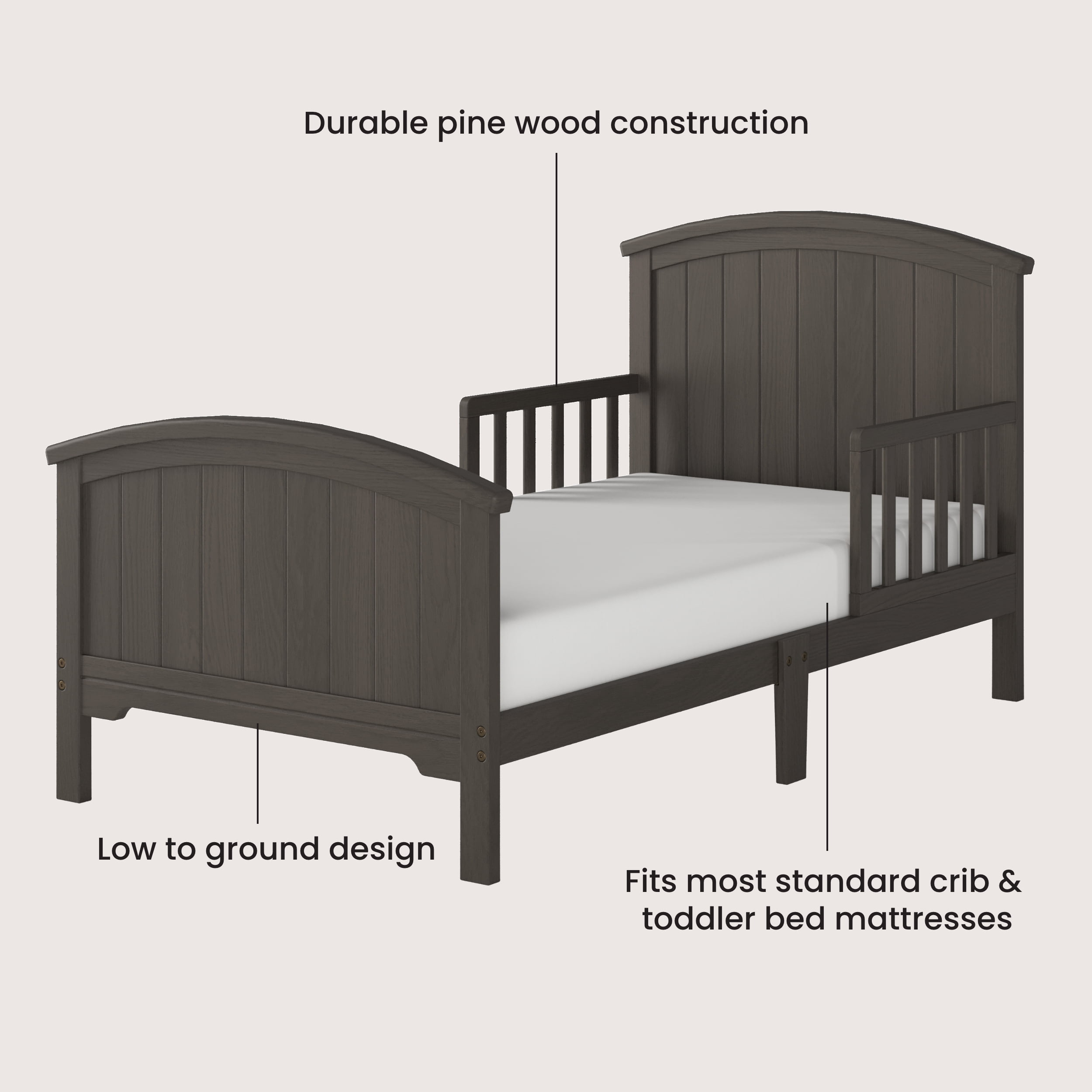 Child Craft Hampton Toddler Bed with Guard Rails, Arch Top, Low to Ground, Pine Wood, Dapper Gray