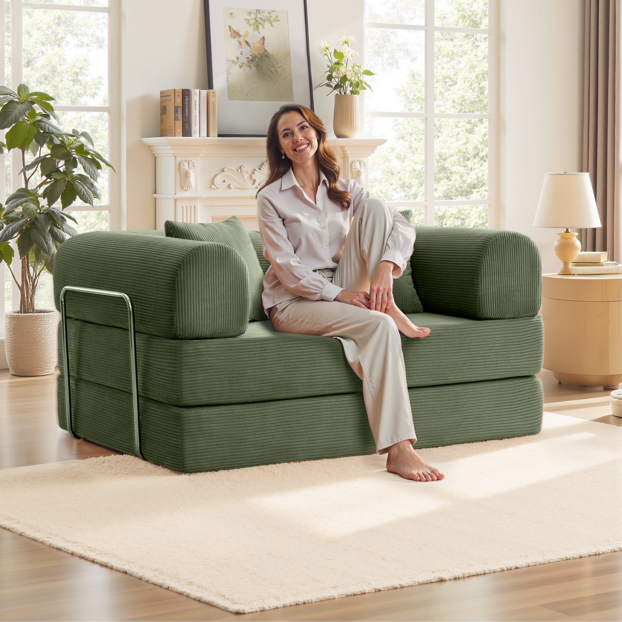 COOLHUT 63" W Combination Sofa, High Rebound Density Sponge Sofa Couch, Two Forms Floor Couch Three Seats Sofa Bed for Living Room, Bedroom, Olive Green
