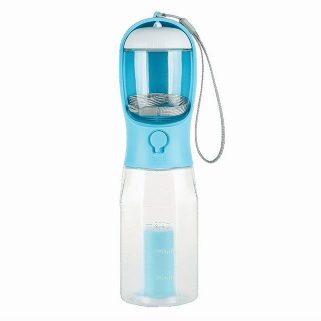 Bouteille d'Eau Portable 3-en-1 600ml Bleue avec Rangement Alimentaire et Porte-Sac à Excréments - Distribution à un Bouton, Séparation Sec-Humide, Résistant à Haute Température, Design Pliable pour Promenade de Chien, Randonnée et Extérieur