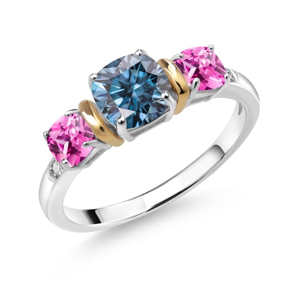 Gem Stone King 925 Silver and 10K Yellow Gold 3-Stone Diamond Ring Cushion Persian Blue Moissanite and Created Sapphire Pink (1.71 Cttw, Size 7)