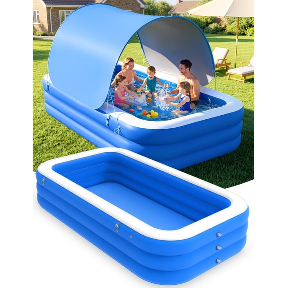 MoKo Inflatable Pool with Canopy, Blow Up Pool for Adults Kids, Large Kiddie Pool with Shade, Kid Swimming Pool for Backyard 102"x65"x23", Blue
