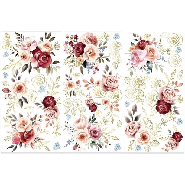 Set de 3 calcomanías de rosas en acuarela para muebles y manualidades (15 x 30 cm). Adhesivos con diseño floral para madera y decoración del hogar.