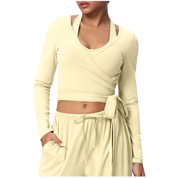 vdgthytj Workout Tops for Women Long Sleeve Quick Dry Wrap Waist Slim Fitted Yoga Athletic Crop Tops(X-Large,Yellow)