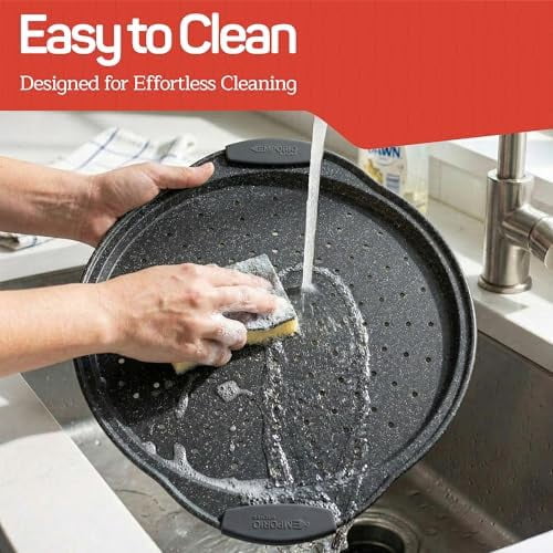 Nonstick Pizza Pan Set with Silicone Handles, Round Carbon Steel Tray 1 Pack 13-Inch with Perforated Holes, Oven & Dishwasher Safe Gray Marble