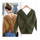 thumbnail image 2 of Suéter de mujer con cuello en V y espalda anudada, manga larga, algodón, camisa que hace punto, verde Vogacara AP001350-05, 2 of 6