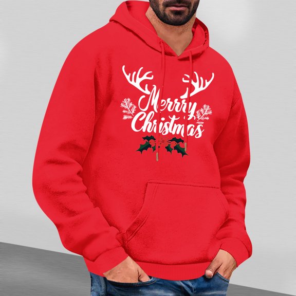 PNTUTB Men's Casual Solid Color Styling Christmas Graphic Print Long Sleeve Hoodie Drawstring Pullover Sweatshirt with Pocket