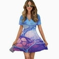 thumbnail image 2 of Abstract Cellular Pattern Women Dress V-Neck Short Sleeve Flowy Swing Party Midi Dress, 2 of 4