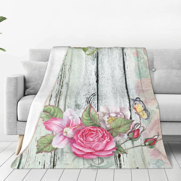 Fotbe Vintage Wood with Floral Manta de Franela Acolchonada con Estampado, Súper Suave y Esponjosa, Extra Grande para Sofá, Cama, Uso Todo el Año-80"x60"