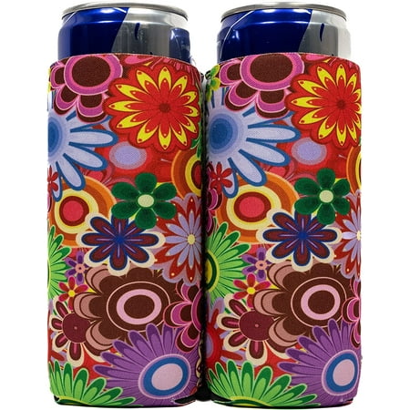 

QualityPerfection Can Cooler Sleeves Slim Neoprene 12oz Can Holder Set of 2 Hippie Flowers
