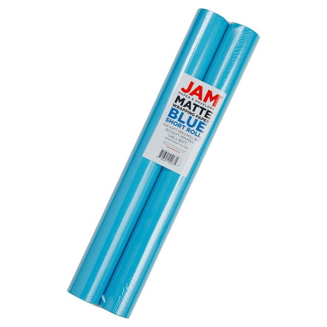 JAM Paper Matte Wrapping Paper, 52.6 Sq ft Total (17 in x 18 Ft Each), Bright Blue/Peacock Blue, 2 Rolls