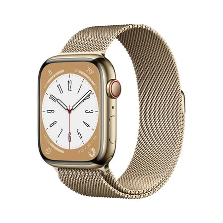 Apple Watch Series 8 GPS + Cellular 45mm Gold Stainless Steel Case with Gold Milanese Loop. Fitness Tracker, Blood Oxygen & ECG Apps, Always-On Retina Display
