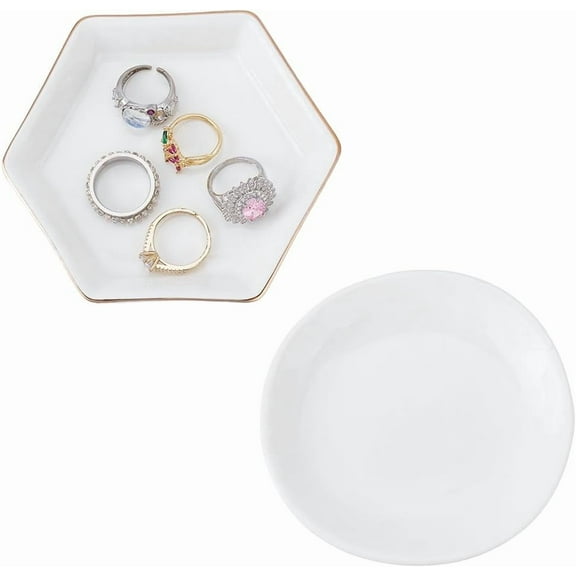 2Pcs Ceramic Jewelry Tray Small Ring Holder Dish White Square Round Trinket Tray Jewelry Display Dishes Decorative Trinket Organizer