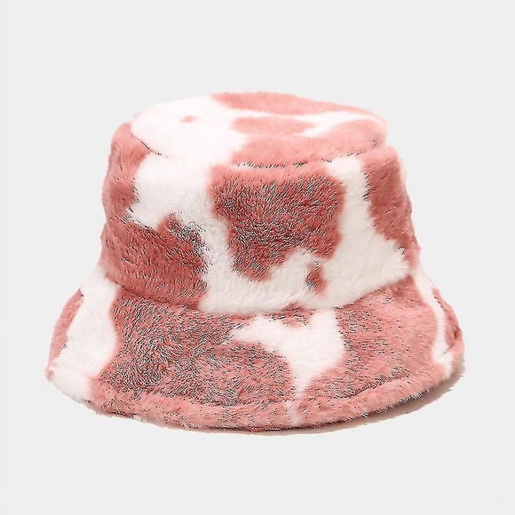 Winter And Autumn Thickened Warm Female Fisherman Hat Cute Cow Pattern Color Plush Female Hat Wool Fleece Fisherman Hat (pink)