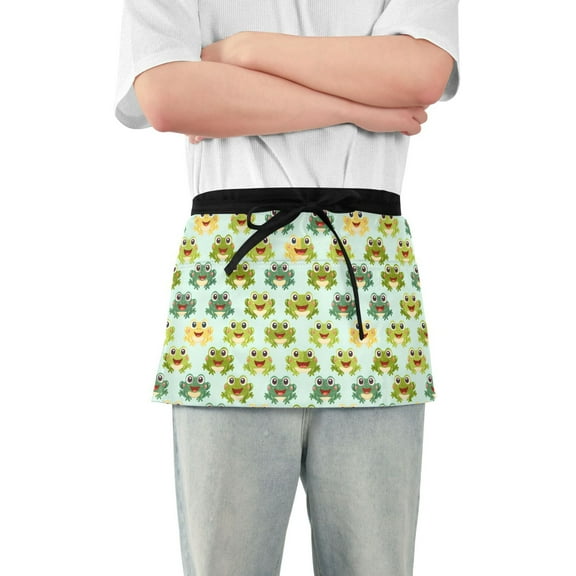 Cute Happy Frogs Server Apron with 3 Pockets Waterproof Waitress Waist Short Apron for Man Woman 12 Inches