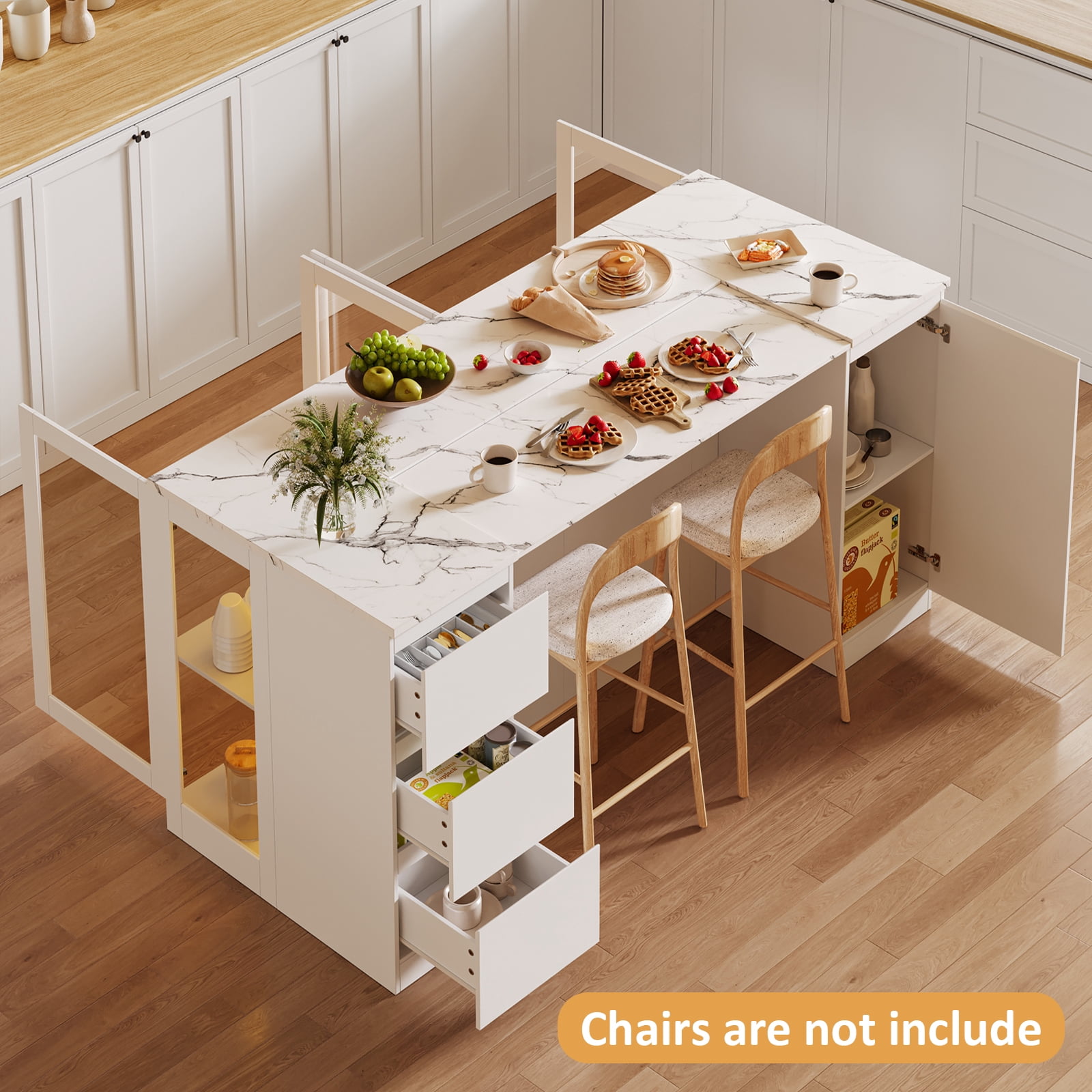 78.7" White Modern Kitchen Island with Storage, LED Light, Drawers & Glass Doors for Dining Room