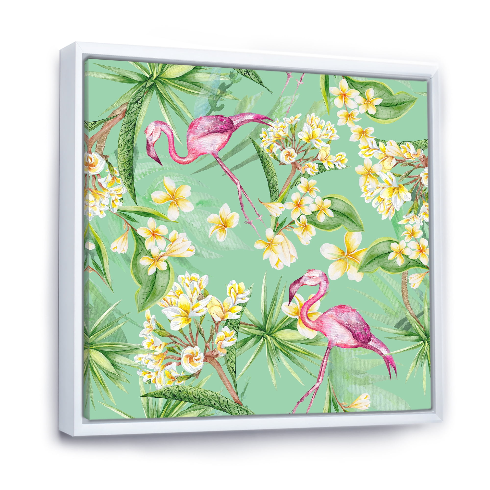 Designart 'Yellow Flowers, Tropical Foliage With Flamingo V' Traditional Framed Canvas Wall Art Print