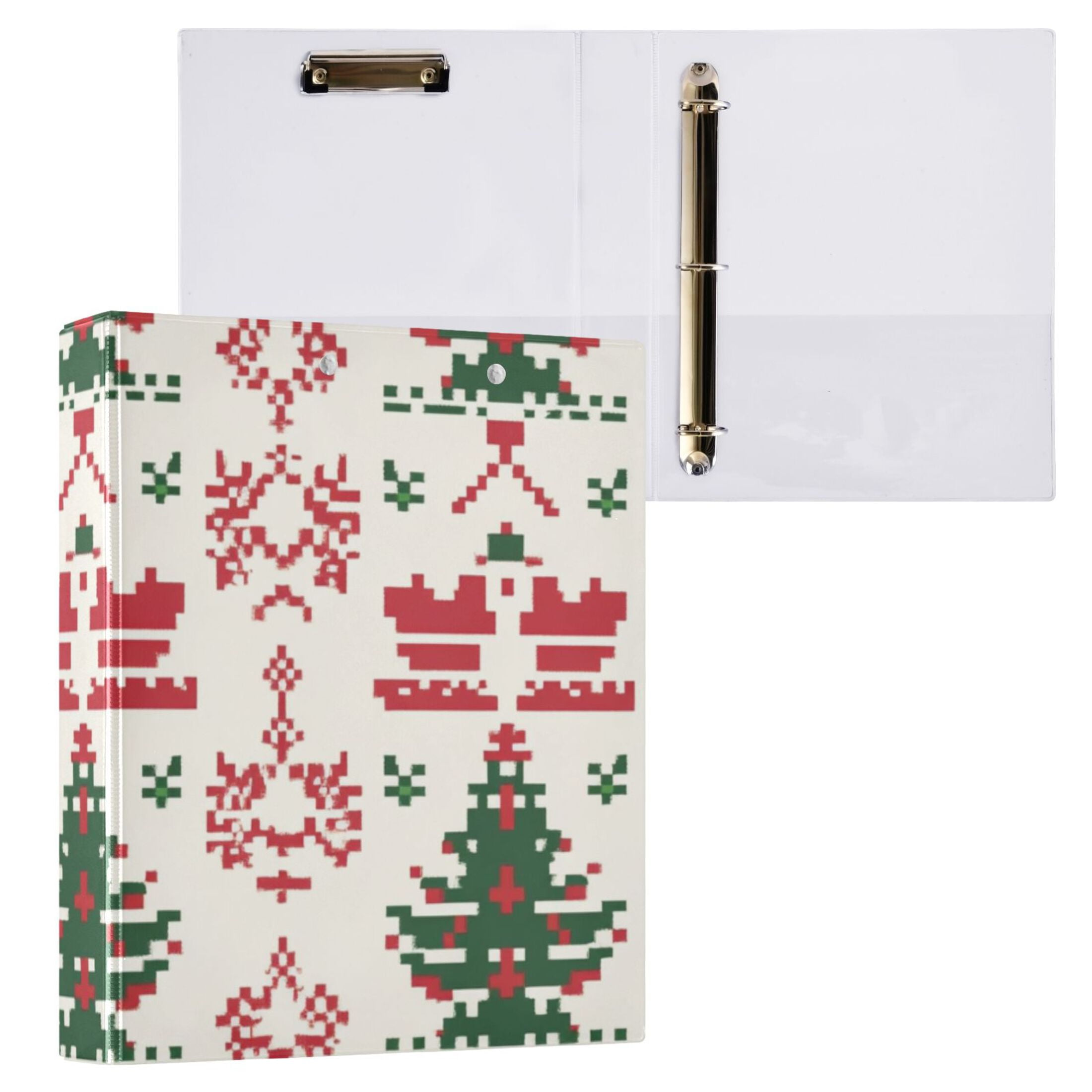 Christmas Pixel 3 Ring Binders 1.5 inch Hardcover File Folders with Interior Pockets A4 Size Organizer for School Office Hospital