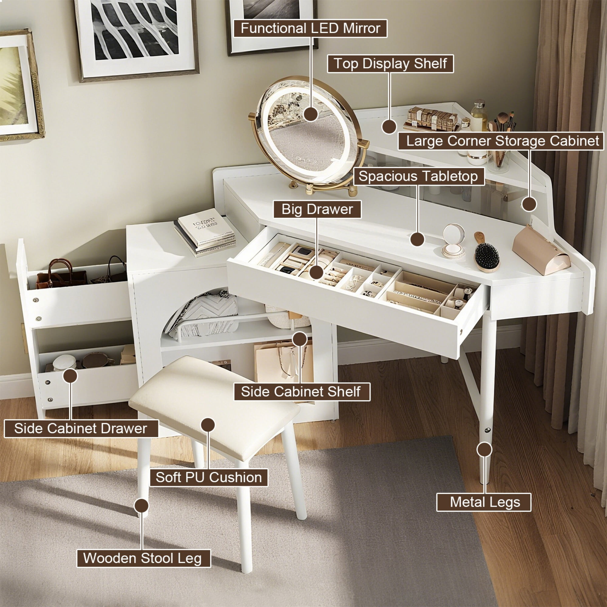 AENKYO Corner Makeup Vanity Desk with 360°Swivel LED Lighted Mirror, Movable Side Cabinet, Storage Drawers & Stool, White