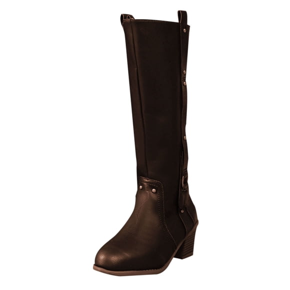 Brown Ladies Boots Casual Solid Color Belt Buckle With Thick Heel For Fall And Winter Comfortable Everyday Wear And Style With Adjustable Fit Size 42