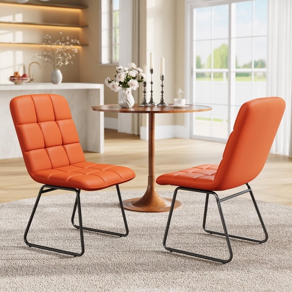 TacleeKii Dining Chairs Set of 2, Faux Leather Upholstered Dining Room Chairs with Metal Frame, for Kitchen Living Room, Brown
