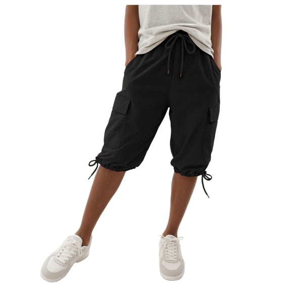 Vamuko Womens Cargo Shorts Drawstring Baggy Bermuda Shorts 2026 Summer Knee Length Casual Capri Shorts Wide Leg Solid Short with Pockets Black XL