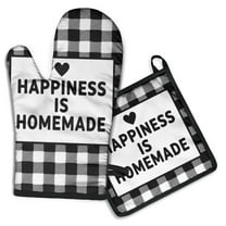 Happiness Is Homemade Kitchen Oven Mitt and Pot Holder Sets 2 Pcs for Baking, Cooking and Grilling, Heat Resistant Up To 392 °F