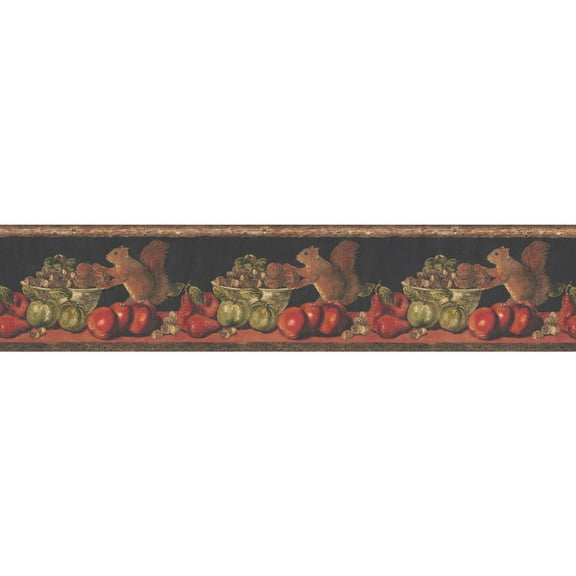Tuscan Kitchen Fruits Wallpaper Border - Squirrel, Red Apple, Pear on Black Crackle - Kitchen Wall Décor - 15 feet Long, 6.875 in. Wide