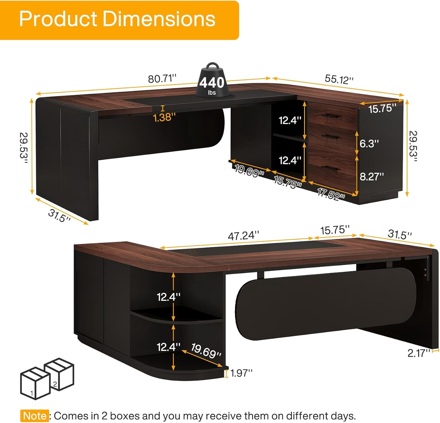 Finmind 80" L-Shaped Desk, Large Executive Office Desk with 55'' Drawers Cabinet
