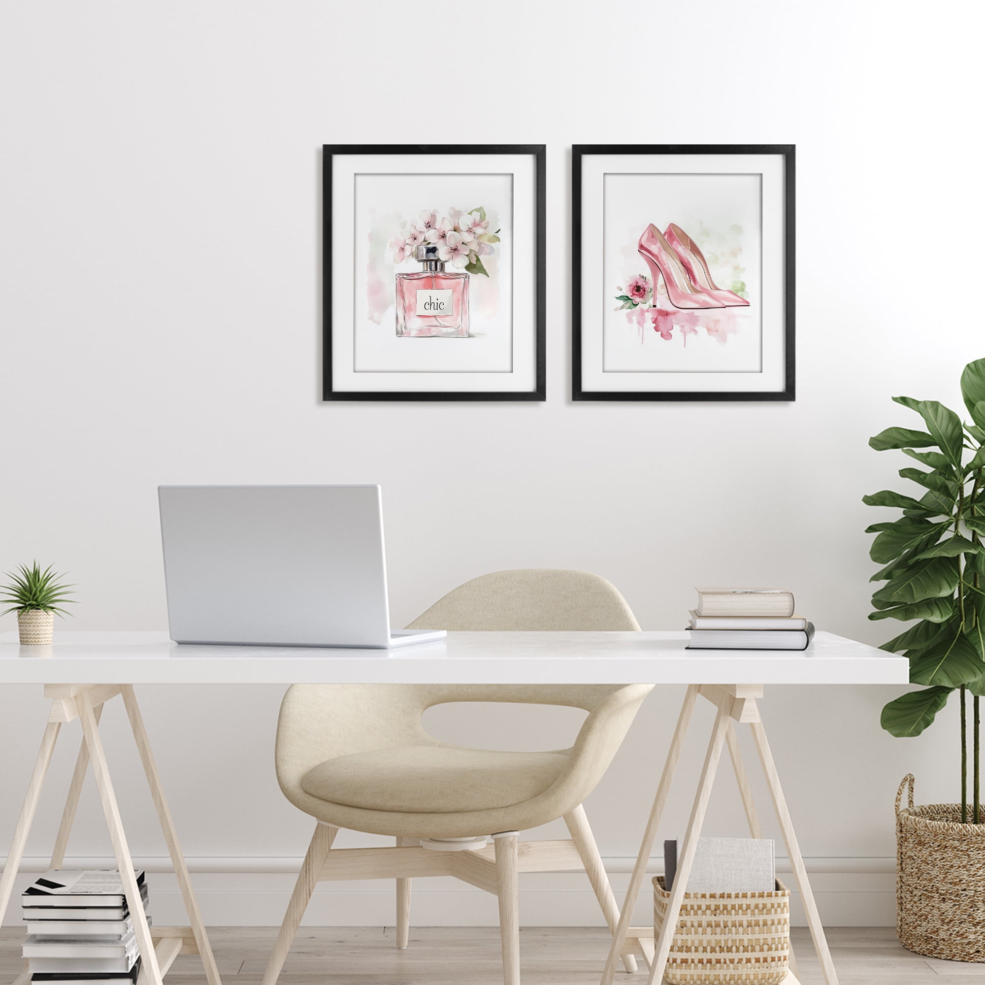 Rosy Pastel Perfume & Heels 2 Piece Black Framed Print Under Glass Set, design by Christine Simpson Art