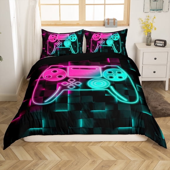 Erosebridal Abstract Gamepads Comforter Cover Twin,Gradient Ombre Bedding Twin Size,Geometric Plaid Duvet Cover Twin,Breathable Video Game Bedroom Decoration(No Comforter),Reversible,3pcs