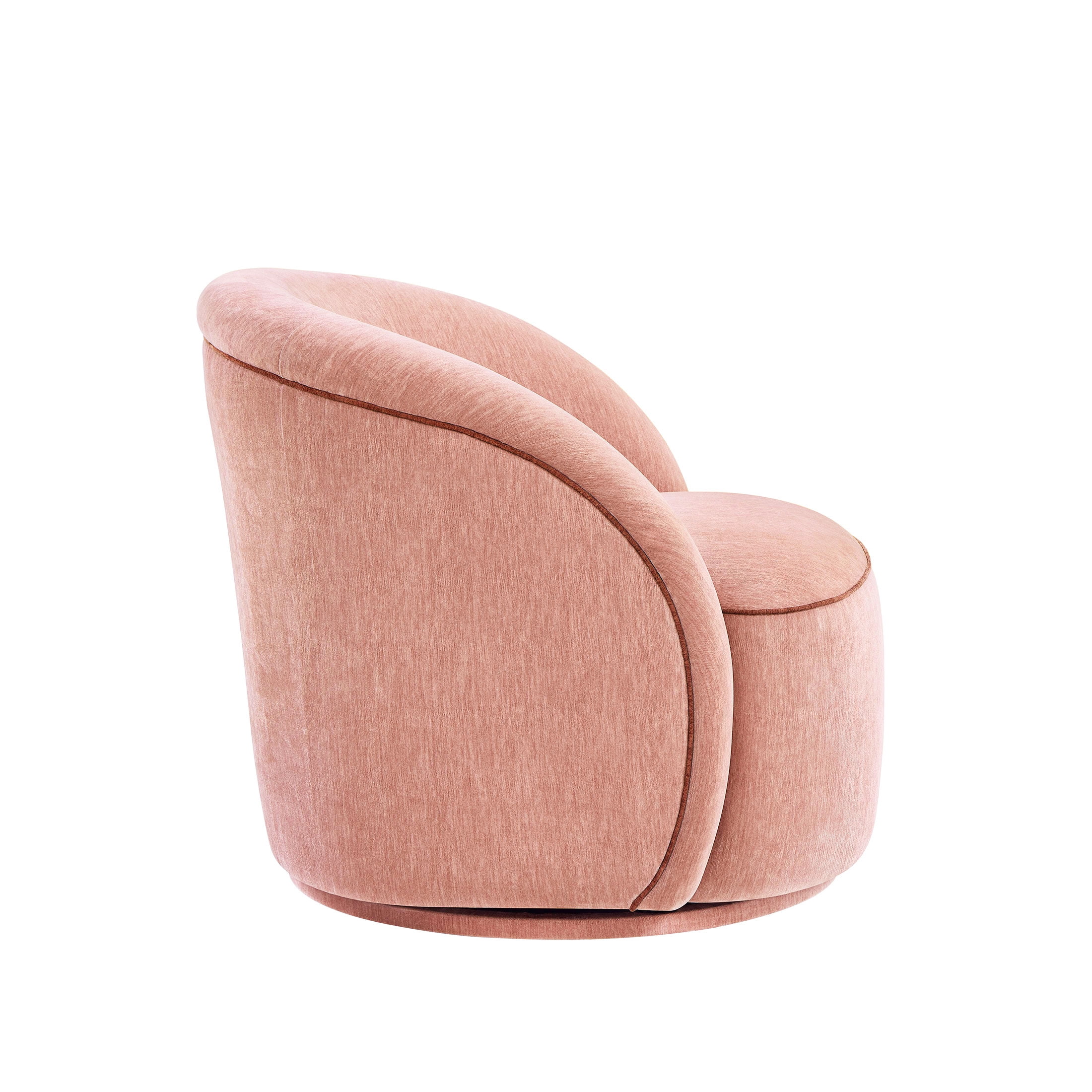 Beautiful Georgiana Swivel Chair by Drew Barrymore, Rose Pink with Faux Leather Rust Piping