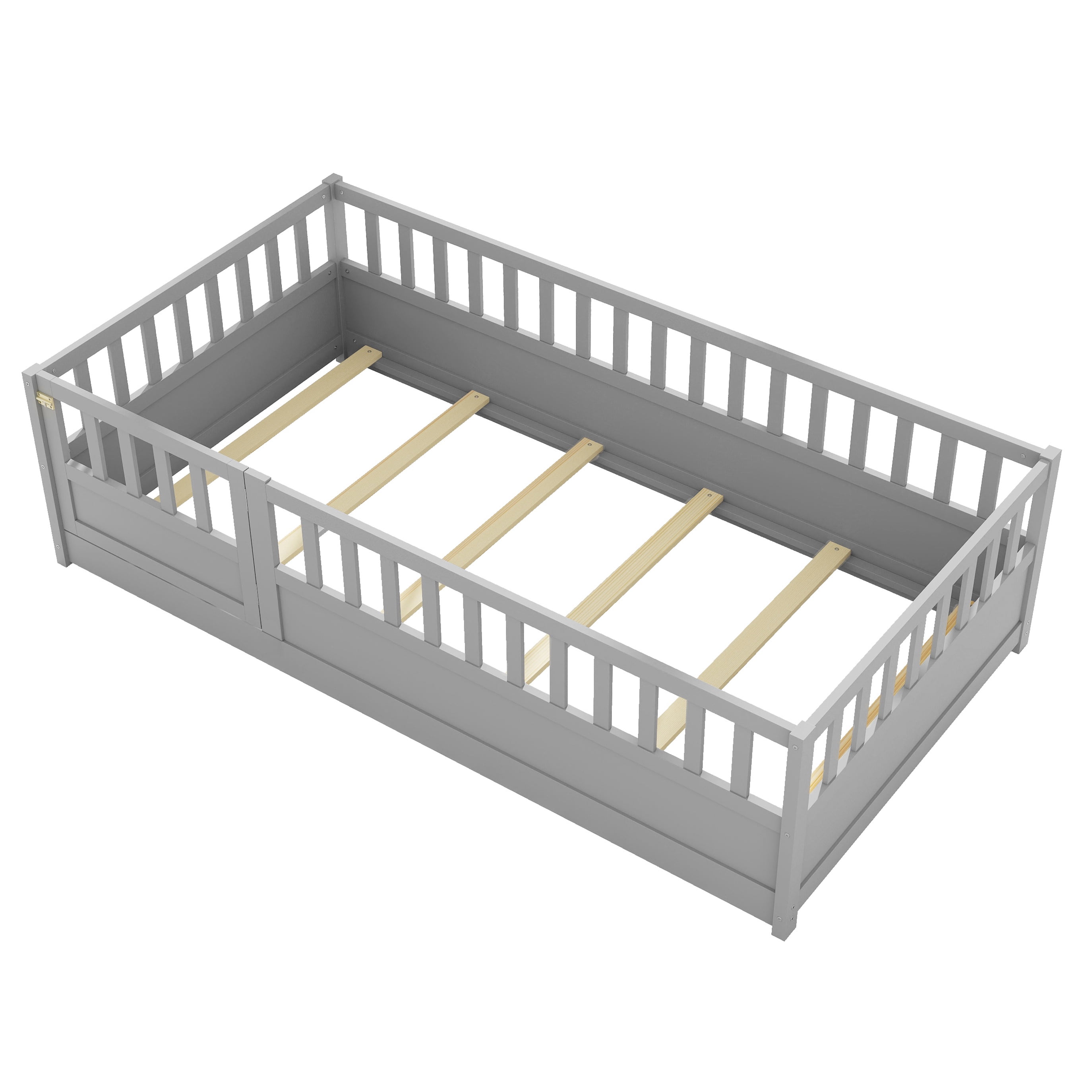 PORKISS Twin Floor Bed, Wooden Kids Bed Frame with High Rails and Slats, Low Toddler Bed with Built-in Door, No Box Spring Needed, Montessori Bed Frame for Children, Gray