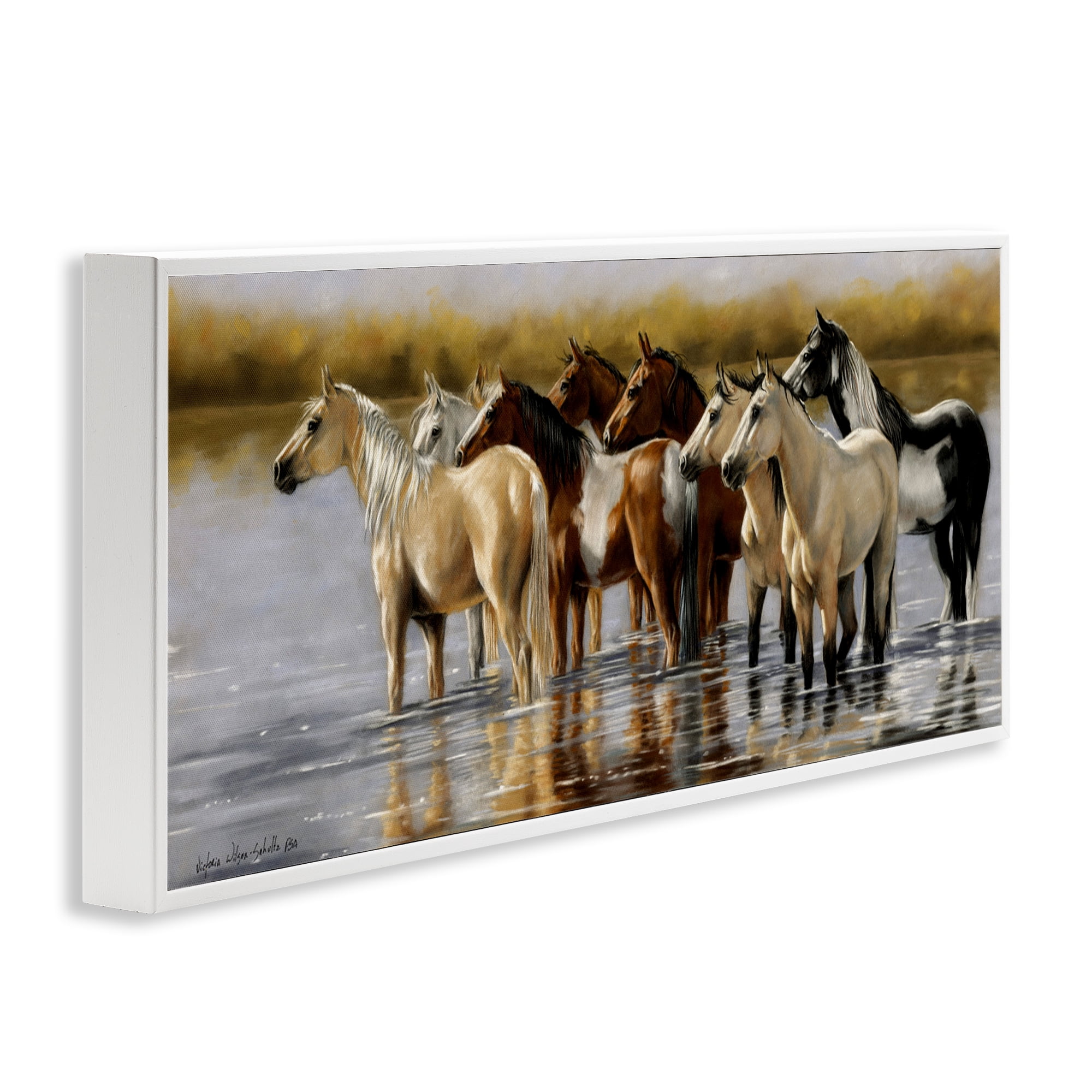Stupell Industries Horse Herd Splashing Animals & Insects Painting White Framed Art Print Wall Art, 30 x 13